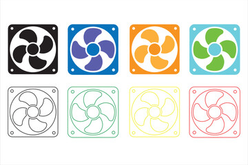 Colorful computer case fan icons and line art illustrations for technology and hardware
