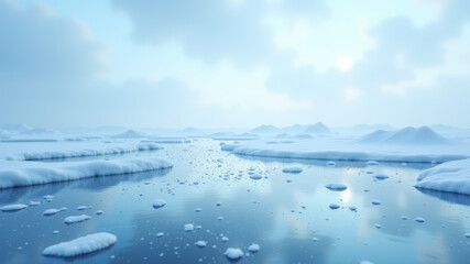 Floating pieces of melting ice drifting on sea in cold winter weather