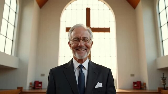 Portrait of a smiling senior pastor standing in a modern church. An elderly man in a suit looks at the camera in front of a large cross. Faith and christianity concept