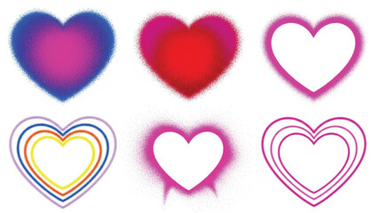 Six colorful heart shapes with spray paint or fuzzy texture effects, isolated on white background.
