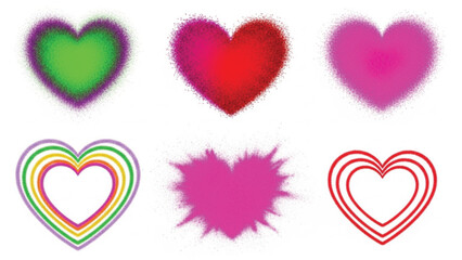 Six colorful heart shapes with textured and outline designs on a white background.
