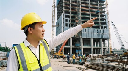 Asian engineer in hard hat and safety vest pointing at building structure at construction site. Industrial development and leadership management banner with copy space