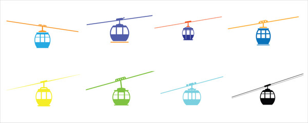Colorful cable car and gondola icon collection on white background