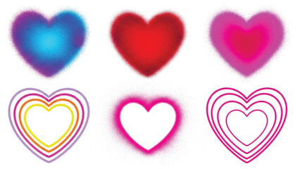 Six colorful heart shapes with spray paint or fuzzy texture effects, isolated on white background.