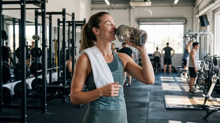 Caucasian woman with towel on shoulder drinking water from large bottle and smiling in gym. Hydration and healthy fitness lifestyle banner with copy space