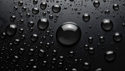 Abstract background texture, water drops on black surface with condensate, top view composition, minimal mood, glossy reflections, free space for design, banners, websites, presentations, advertising,