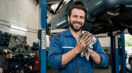 Caucasian mechanic with beard wiping dirty hands with rag and smiling in auto repair shop. Car maintenance service and professional garage worker banner with copy space
