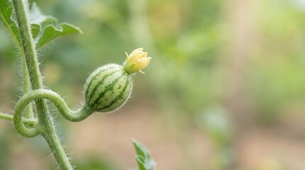 Young watermelon fruit developing on a vine with a delicate yellow flower blooming at its top, showcasing the early stages of growth in an organic garden