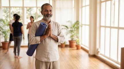 Indian yoga instructor with grey beard holding mat and hands in prayer position standing in studio. Health and wellness lifestyle banner with copy space
