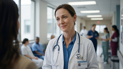 Caucasian woman doctor wearing white coat and stethoscope smiling at patient in busy hospital hallway. Professional healthcare and medical consultation