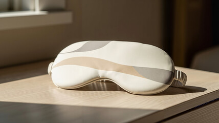 Soft sleep mask resting on wooden surface in bright room  