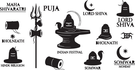 A collection of black and white glyph icons representing Hindu Lord Shiva worship and Maha Shivaratri festival elements isolated on.