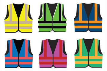 Six high visibility safety vests in different colors with reflective stripes