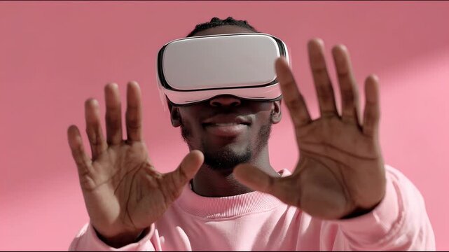 African american man in virtual reality headset looking happy with hands up. Future technology for gaming and entertainment. - Powered by Adobe