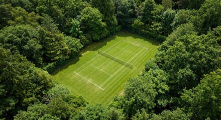 A bird's-eye view! Looking down from above, a standard tennis court is clearly visible on the green lawn, with its white lines clearly marked. Surrounded by lush forests, it presents a fresh and tranq