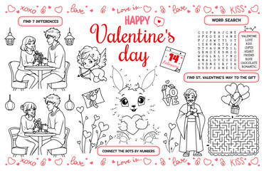 Festival worksheet for children. Printable activity sheet "Happy Valentine's Day" with a labyrinth, connect the dots, and a coloring page. 17x11 inch printable vector file