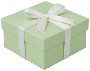 Obraz premium Minimalist sage green gift box with white satin ribbon and bow isolated on transparent background