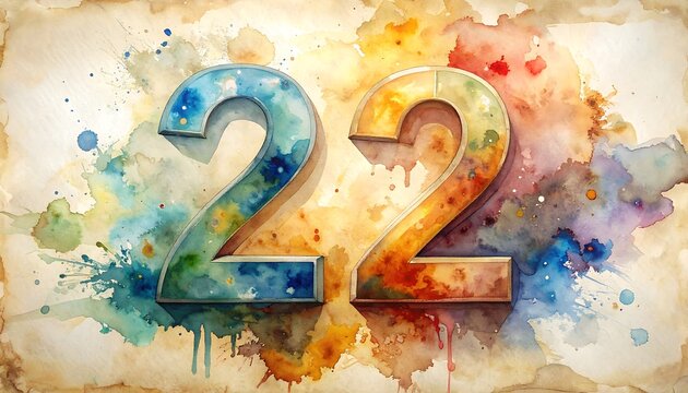 Colorful watercolor '22' art with textured paper background and splattered paint aesthetic - Powered by Adobe