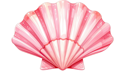 A vibrant, watercolor-style illustration of a pink scallop shell, radiating light on a stark black background