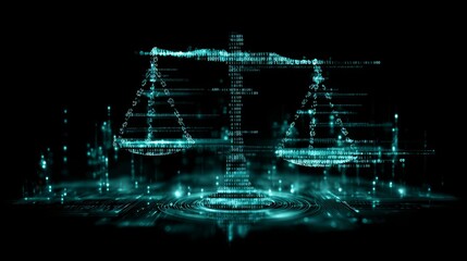 An abstract digital justice concept with glowing scales made of binary code on a dark background, symbolizing law, balance, ethics, cybersecurity, AI, and data protection in the digital age