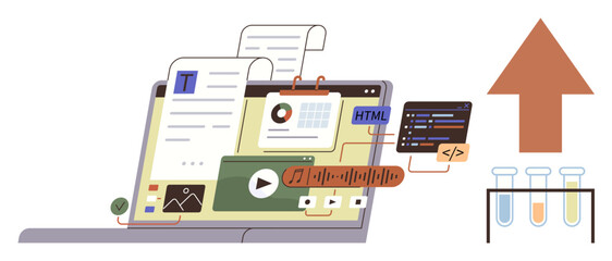 Software development, content marketing, coding education, analytics, media production, technology tools. Laptop with web code, file icons and charts. Software development and content marketing
