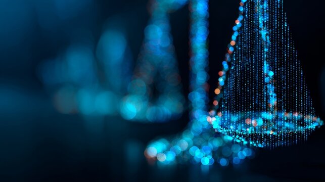 An abstract digital justice concept with glowing scales made of binary code on a dark background, symbolizing law, balance, ethics, cybersecurity, AI, and data protection in the digital age