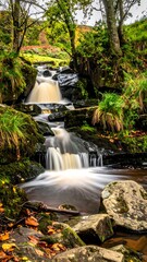 Cascading Waterfall Through Lush Green Forest Landscape.