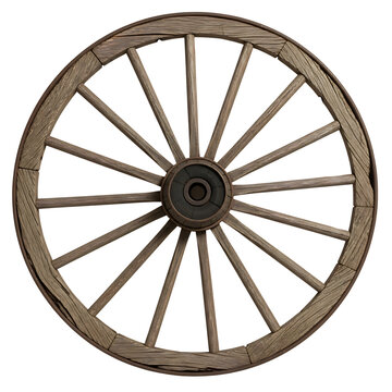 Wooden wagon wheel on checkered background