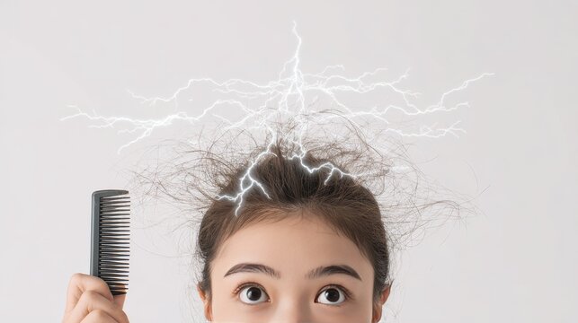 A close-up of a woman's head with electrifying hair on a white background, holding a comb with sticking hairs, illustrating the hair care concept of static flyaway hair management