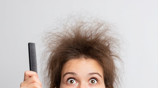 A close-up of a woman's head with electrifying hair on a white background, holding a comb with sticking hairs, illustrating the hair care concept of static flyaway hair management