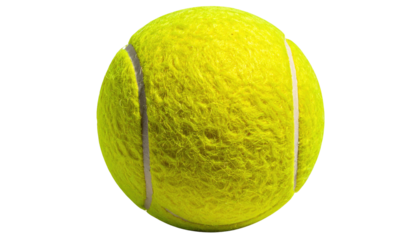 A vibrant yellow tennis ball, showcasing a realistic texture and white seams, isolated on black