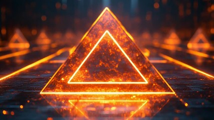 Glowing orange triangle illuminating a dark abstract digital space, creating a futuristic technology and data visualization concept with light particles and reflections - Powered by Adobe