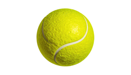 A vibrant yellow tennis ball, with a white seam, isolated against a solid black background