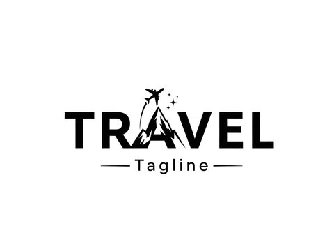 Modern travel logo with airplane flying over mountains
