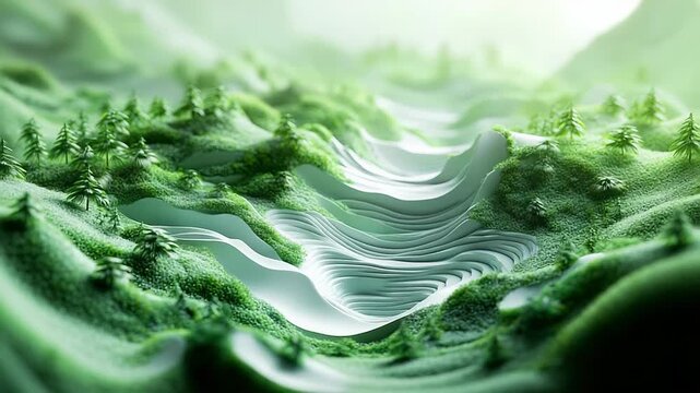 Abstract miniature forest landscape featuring green hills and trees with a flowing, layered valley, representing sustainable ecology and the natural world with a paper cut style