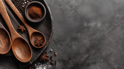 Rustic wooden spoons on a dark stone surface with spices and herbs arranged aesthetically for culinary and food photography projects