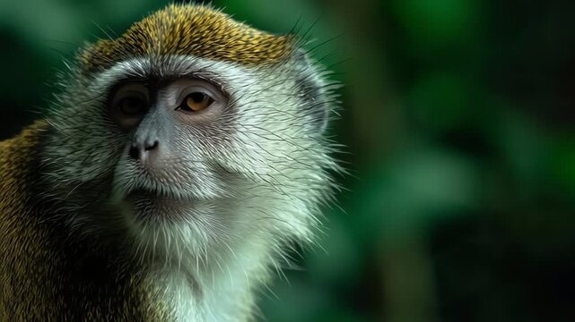 Close-up portrait of a monkey with brown and white fur against a blurred green background in a natural setting.