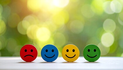 Colorful wooden faces show spectrum of emotions on a white surface with bokeh green background, capturing different moods