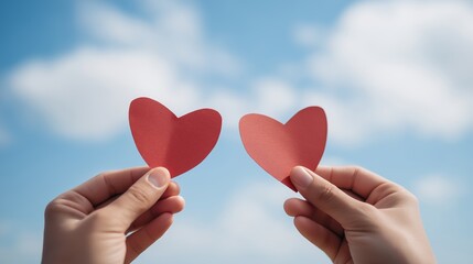 Minimalist photography of two hands holding paper hearts against bright sky, faces not visible, universal love symbol