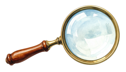 A watercolor illustration of a classic magnifying glass with a wooden handle and shiny metal rim