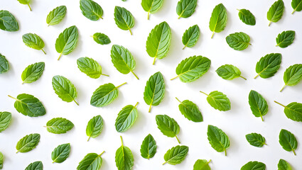 Fresh mint leaves scattered on white background