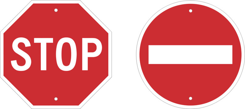 Red octagonal stop sign and round no entry warning road symbol isolated on white background for traffic regulation.