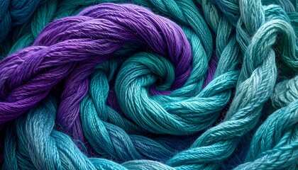 Colorful yarn, twisted in a spiral, showcases shades of purple and turquoise. Fine thread, soft texture, and woven strands