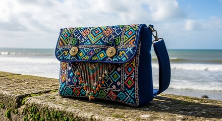 Embroidered Blue Shoulder Bag with Beaded Tassels by the Sea