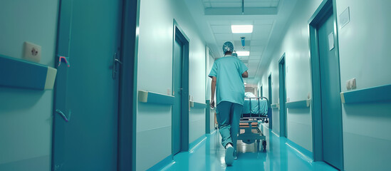 Urgent Rush in the Hospital Corridor: In a moment of high-stakes urgency, a medical professional swiftly navigates a brightly lit hospital corridor, conveying a sense of immediacy and purpose.