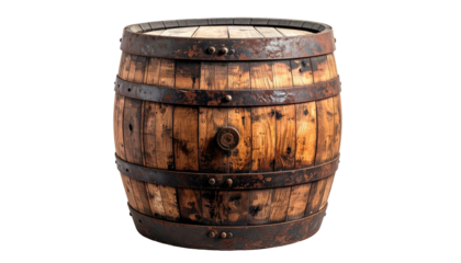 A weathered, cylindrical wooden cask with metal bands and a spigot, isolated against a black background
