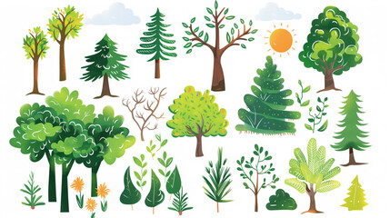 Vibrant Green Foliage: An assortment of beautifully rendered trees in diverse shapes and sizes, embodying the essence of nature's flourishing ecosystem, perfect for any environment-related project.