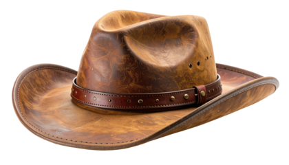 A weathered leather cowboy hat with a brown band. Isolated on a transparent background