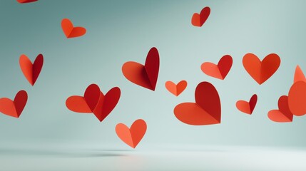 Studio photography of red paper hearts floating on pastel background, clean lighting, generic holiday concept