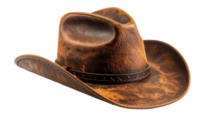 A weathered leather cowboy hat with eyelets and a subtle, textured appearance